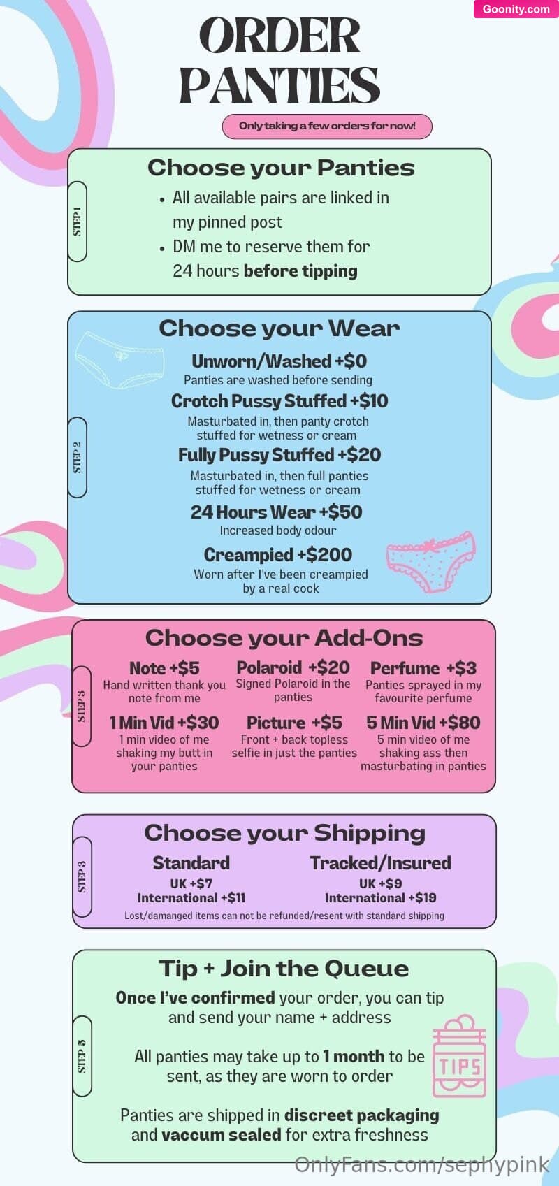Persephone Pink ♥ on OnlyFans - I currently can not shoot add-on videos, so pls don't tip for them or you will be waiting up to 2 months 🖤 All my physical items (Panties, Stickers, Socks, Prints, Polaroids + more) in one post 🖤🖤 DM me to reserve an item before tipping so I can confirm its availability🖤 All items may take up to 1 month to be sent due to demand + wearing items to order🖤 Panties wear + postage prices shown in the last image🖤 FREE standard postage on orders over $100, and FREE tracked/insured on orders over
