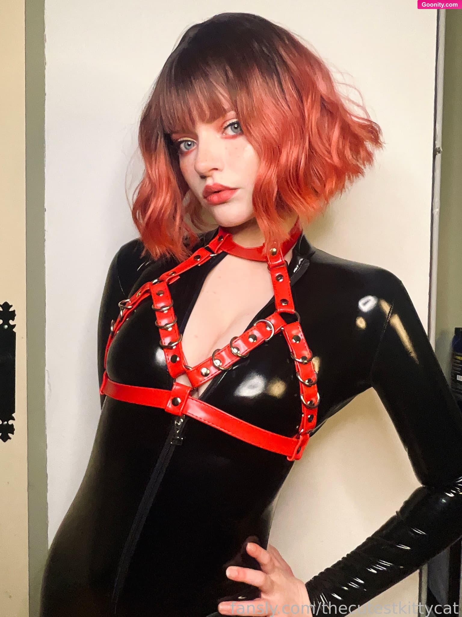Misty silver on OnlyFans - Red shiny harness on black PVC catsuit ❤️