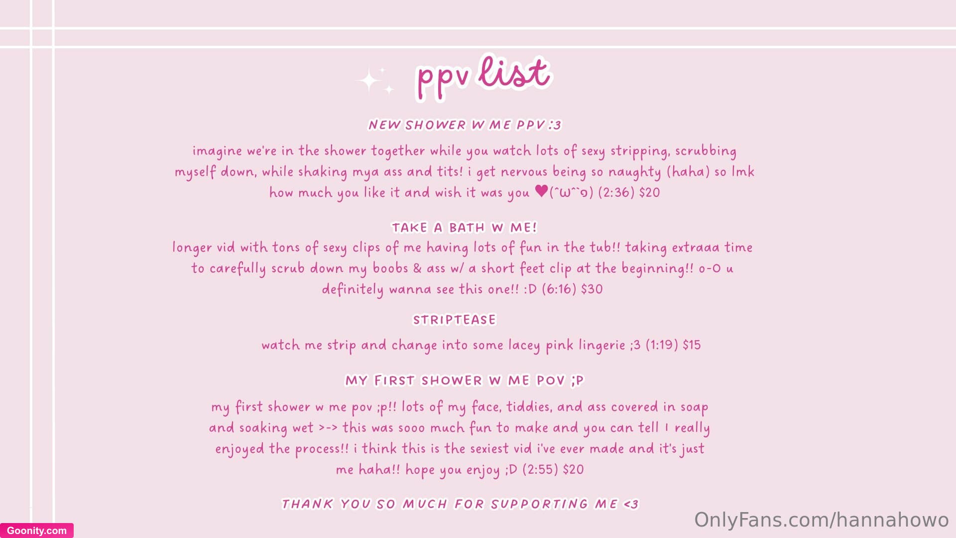 hannah on OnlyFans - new ppv list! message me w/ tip to get it faster ଘ(੭ˊᵕˋ)੭* ੈ✩‧˚ eta: the bottom two are pre boob job :)