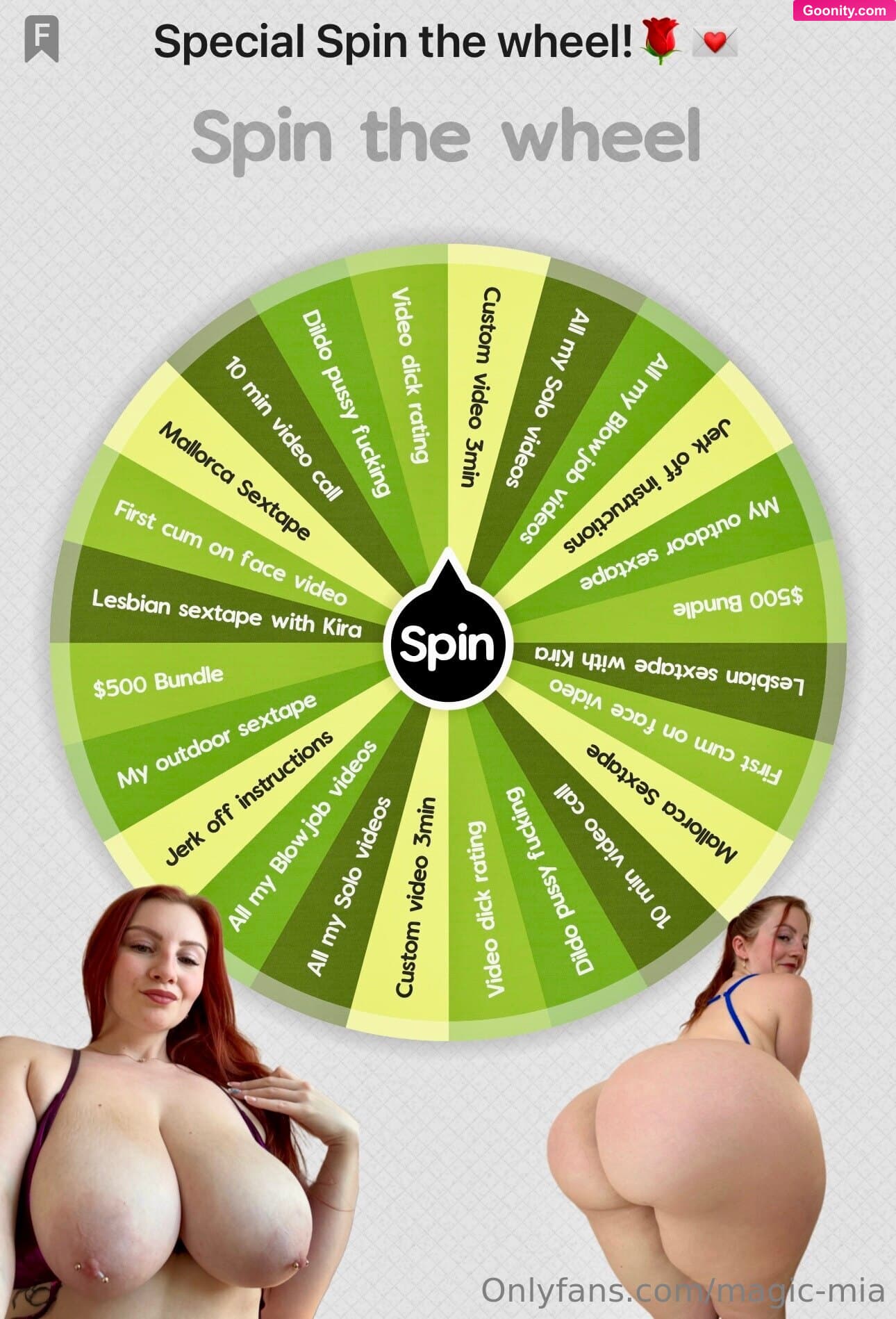 ✨Magic Mia✨ on OnlyFans - 🍀SPIN THE WHEEL🍀1 SPIN= 15$ 🎁Tip 15$ to spin the wheel! Prizes are 30-650$ worth!When you send the tip I'll send you your spin as fast as I can! There are naughty videos, video calls, lesbian vids, JOl, customs and more! 😜Join my spin the wheel and see how naughty we can be! 😏