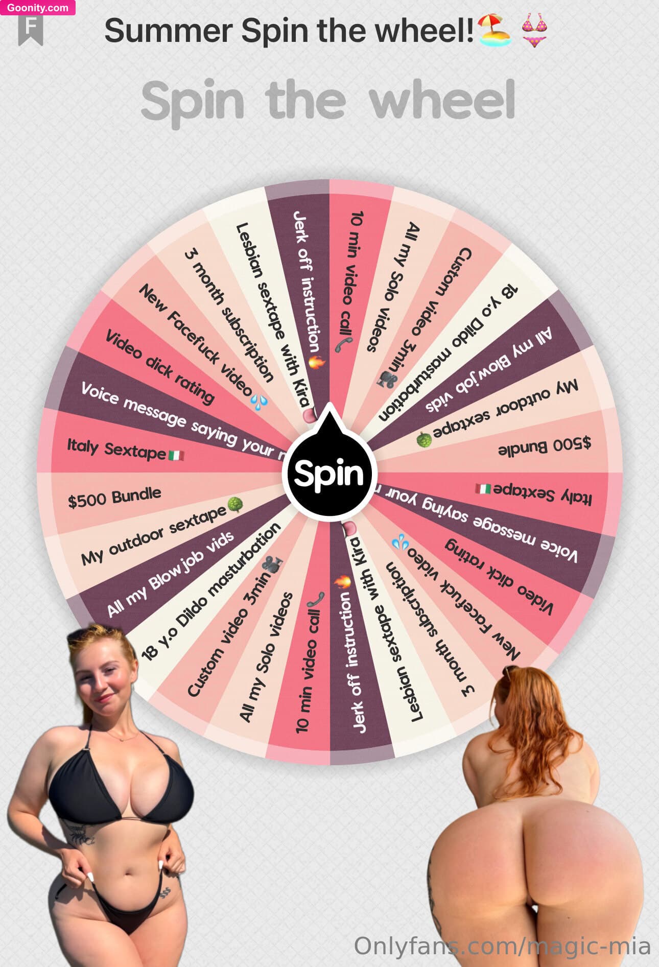 ✨Magic Mia✨ on OnlyFans - 🍀SPIN THE WHEEL🍀 1 SPIN= 15$ 🎁Tip 15$ to spin the wheel! Prizes are 30-700$ worth!When you send the tip I'll send you your spin as fast as I can! There are naughty videos, video calls, lesbian vids, JOl, customs and more! 😉Join my spin the wheel and see how naughty we can be! 😏