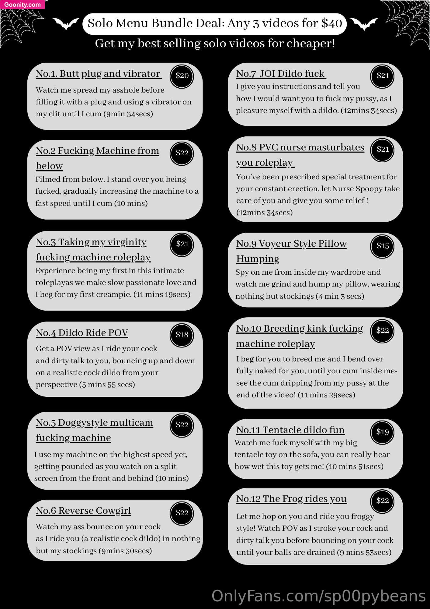 Spoopybeans on OnlyFans - PLEASE READ! Page info/rules with menu!TO PURCHASE FROM MENU: please send the full tip amount and say the number correlating to the video(s) you would like, and say if from the solo or b/g menu.