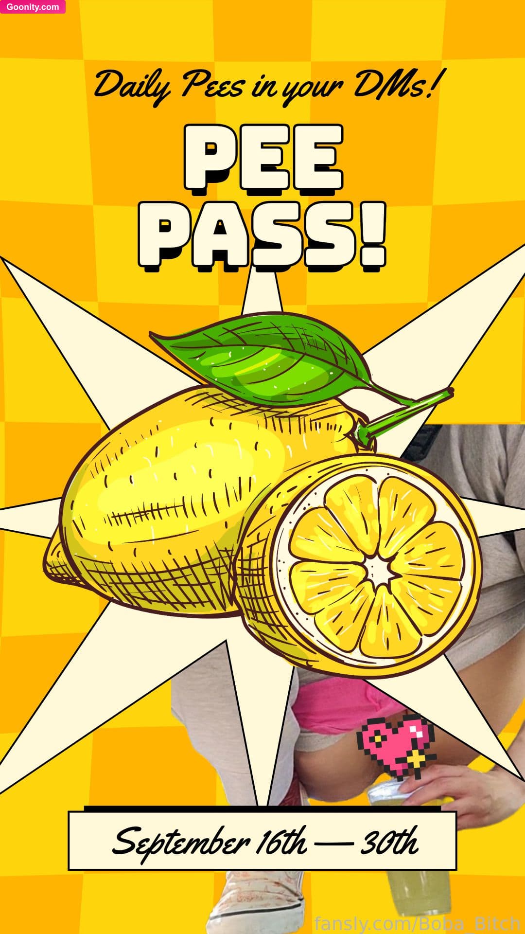 Boba Bitch on OnlyFans - First ever PEE PASS is opening tomorrow~!! 🍋💦 I've been wanting to try this for so long, and I think the next two weeks will be perfect to try this out and bring you along with me! For folks who tip $25 on this post, I'll send you all of my pees throughout the day, everyday, starting September 16th until the end of September. These pees will NOT be posted on my Fansly wall, so this is the absolute best opportunity to get these exclusive pees. I'll be on a road trip and camping over the next fe