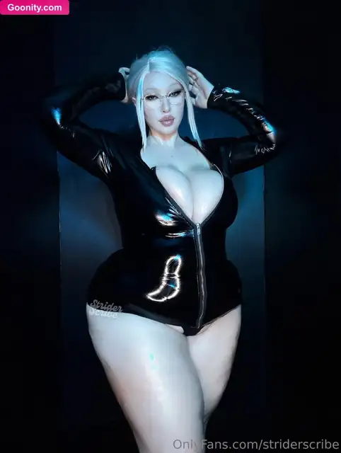 striderscribe Pushing Her Tits In Black Latex Nude OnlyFans Photo